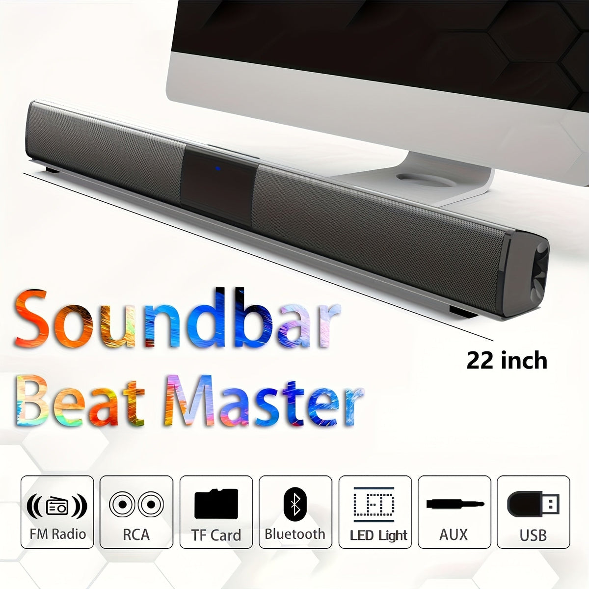 Deep Bass Soundbar with Subwoofer for Smart TV – 22" Wireless Bluetooth 5.0 Surround Sound System, TF/AUX/RCA/TWS, Home Theater Speaker for PC, Gaming, Projector, Studio, Live & Stage