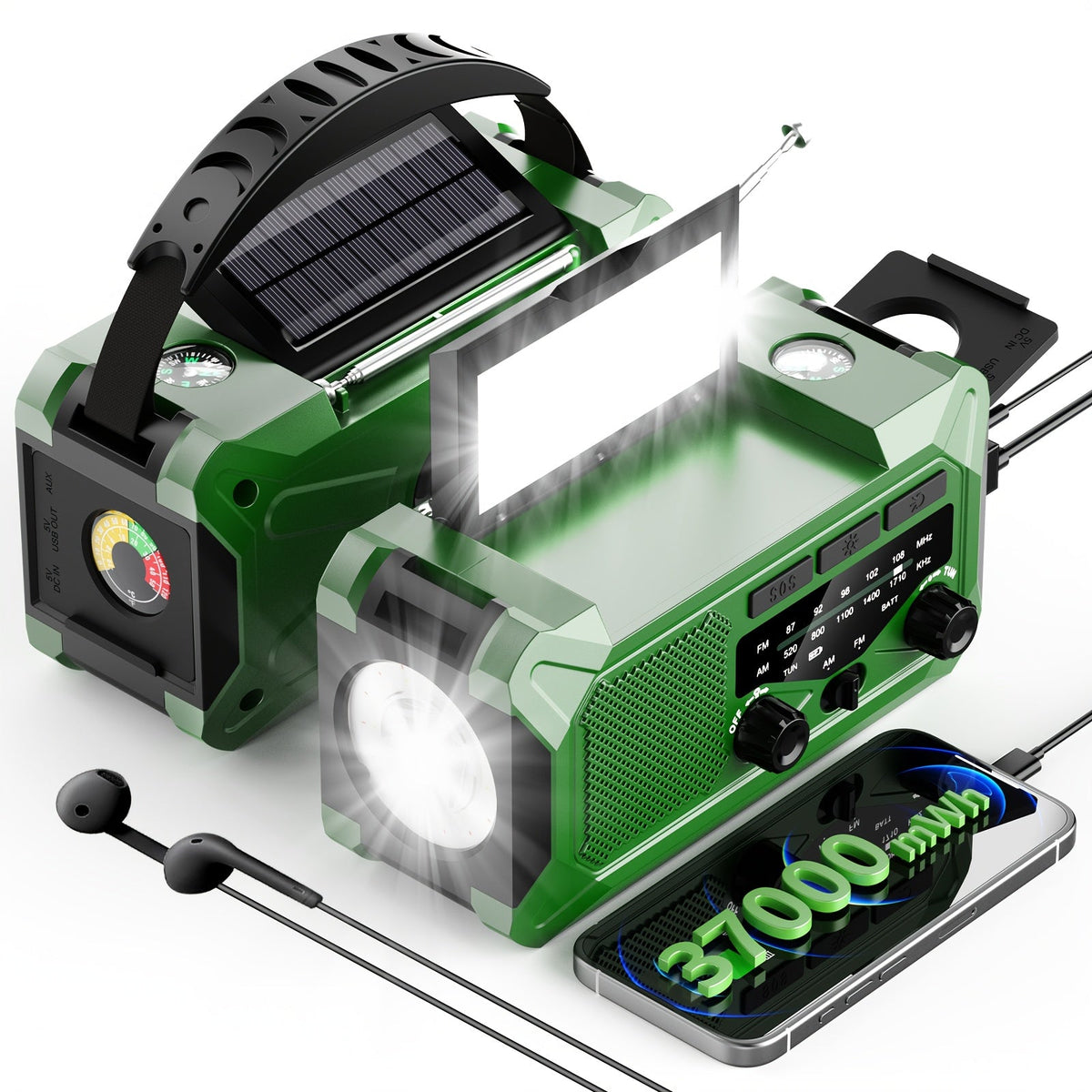 Emergency Radio Hand Crank Solar USB 3-Way Charging AM FM with 10000mAh Power Bank, SOS Alarm, LED Flashlight, Reading Light, Thermometer, Compass for Family Home Survival Kit