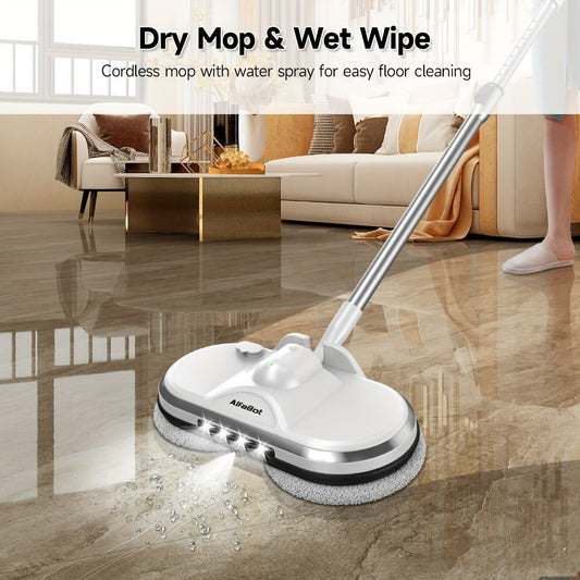 Cordless Electric Spin Mop with LED Headlight and Water Spray Tank, White