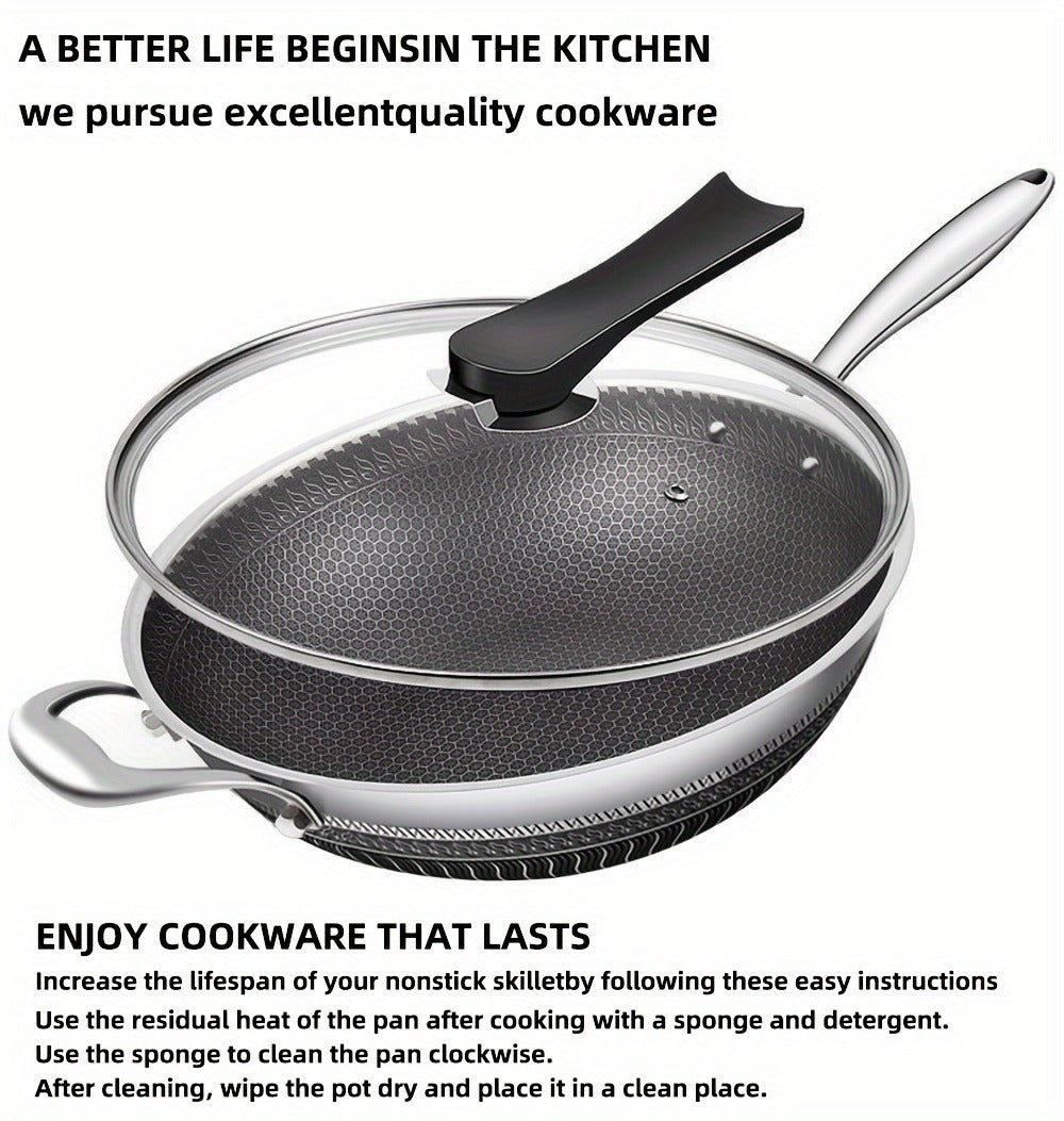 Stainless Steel Wok 13.3 Inch Honeycomb Non-Stick with Lid Spatula & Pot Brush – All Cooktop Compatible Stir Fry Pan | Induction Gas Electric Ceramic | Complete Kitchen Wok Set Cooking Accessories