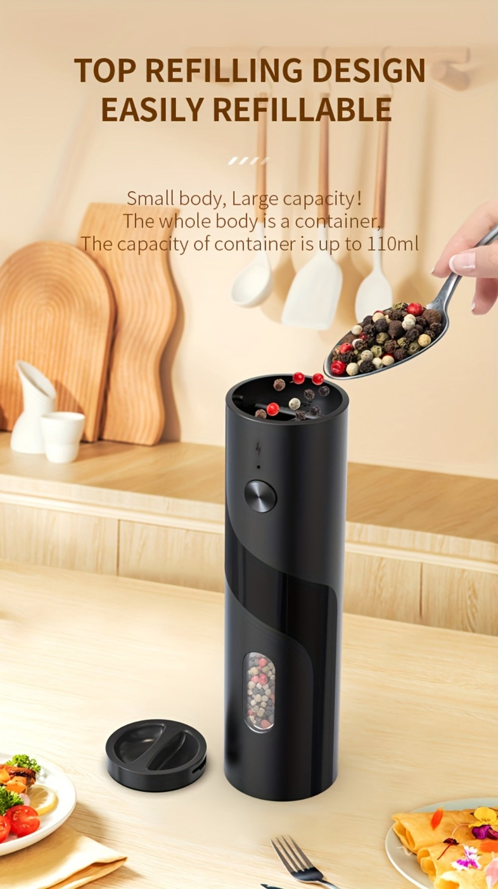 Electric Salt and Pepper Grinder Set – Rechargeable Automatic Mills with LED Light, Adjustable Coarseness & 3.72oz Capacity for Home Kitchen, BBQ, Restaurant & Outdoor Entertaining