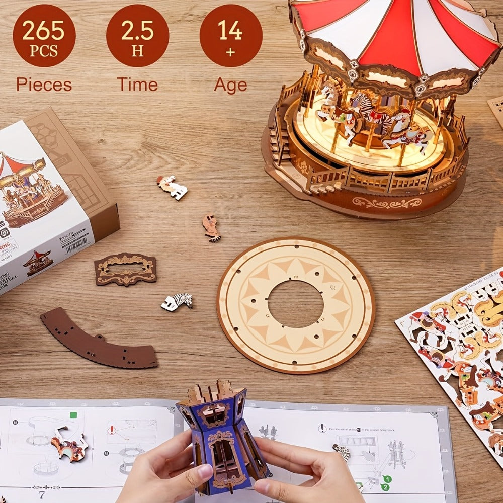 Rolife Carousel Music Box Kit, DIY 3D Wooden Model