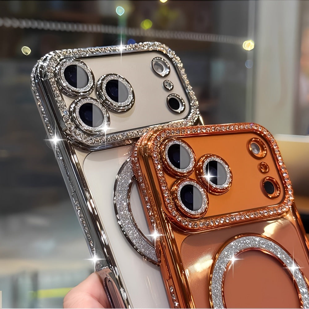 Diamond Side Magnetic iPhone Case for iPhone 17 16 15 14 13 Pro Max Plus Air 16e – Luxury Rhinestone Shiny Electroplated Wireless Charging Supported Protective Cover