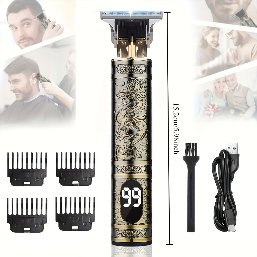 LED Hair Trimmer for Men - T-Blade USB Rechargeable 2000mAh, Vintage Dragon & Mustache Design, 4 Guide Combs, Cordless Precision Grooming, Holiday Gift for Him