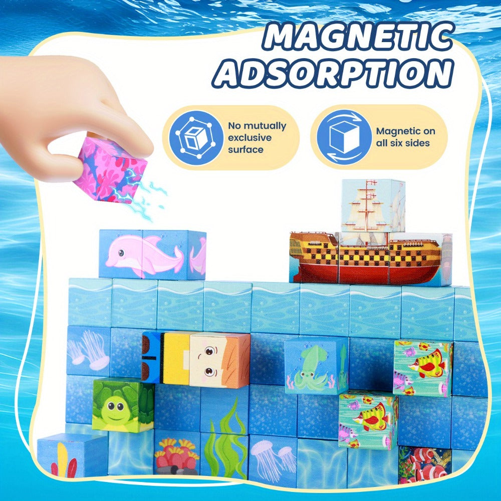 Ocean Adventure Magnetic Building Blocks, 54 or 100 Pieces, 3D Sea Theme Magnet Tiles for Ages 3+