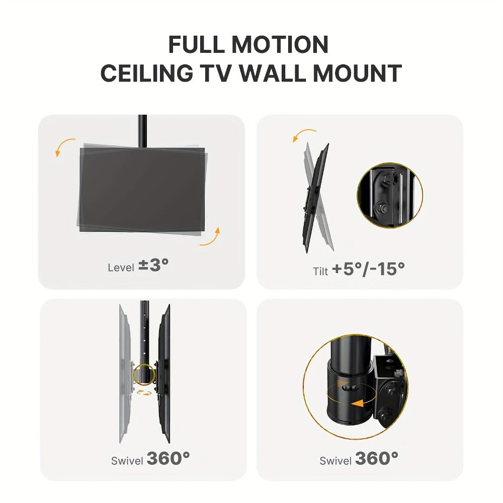 360° Swivel Ceiling TV Mount Height Adjustable 26-65 Inch 110 lbs – Full Motion Rotating Pole Bracket, Tilt ±15°, VESA 400x400mm, Fits Level & Sloped Ceilings, for Home Restaurant Gym, Black