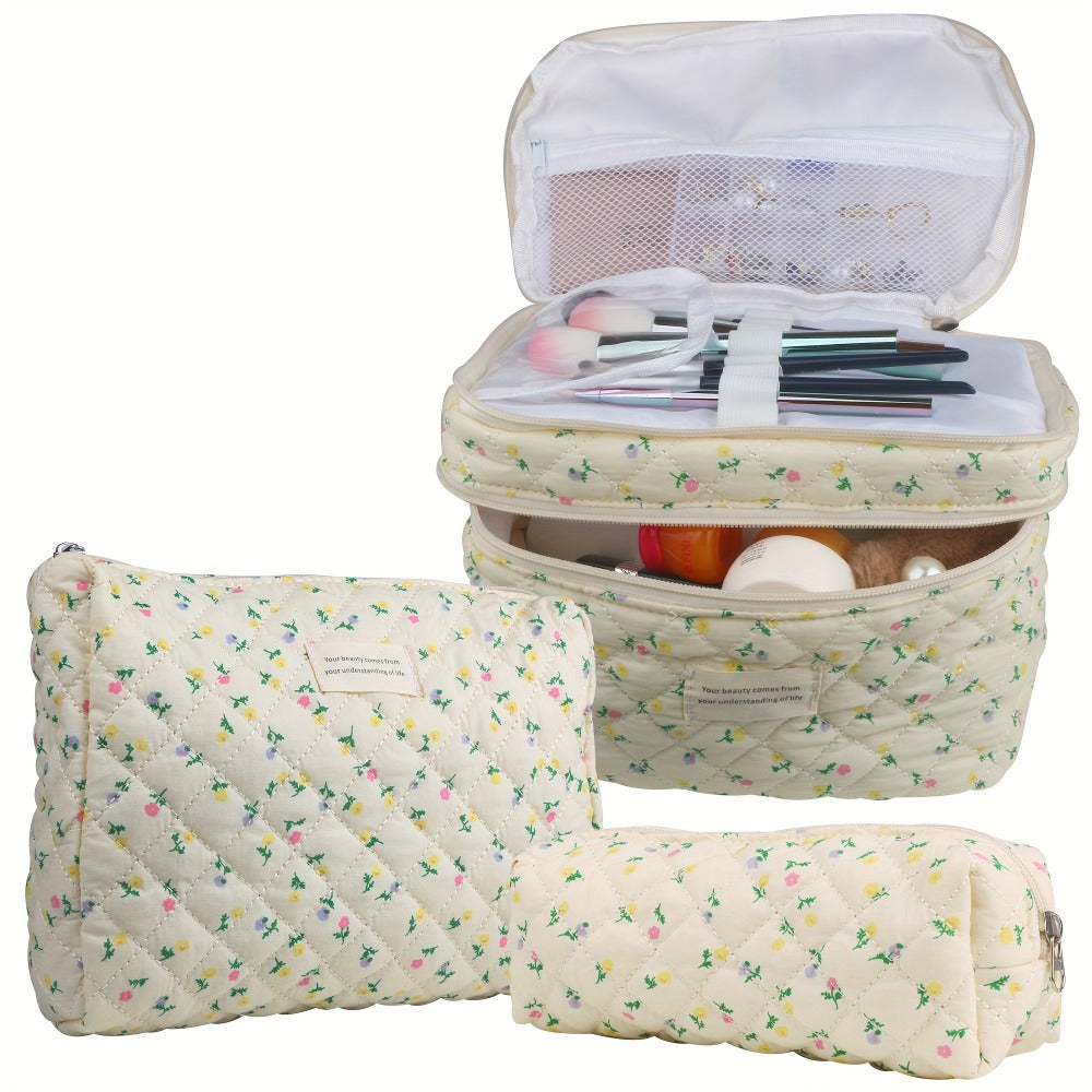 Makeup Bag Set 3 PCS Quilted Cotton Dual Layer Large Capacity Floral Coquette Aesthetic Travel Cosmetic Bag Women Toiletry Organizer Cute Soft Fabric Pouch Blue Pink Purple 6 Styles