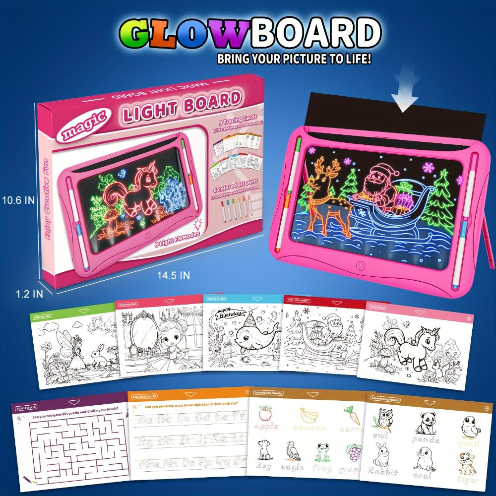 LED Light Up Drawing Board for Kids with 9 Double-Sided Tracing Cards & 6 Markers – Travel Doodle Board, 6 Colors