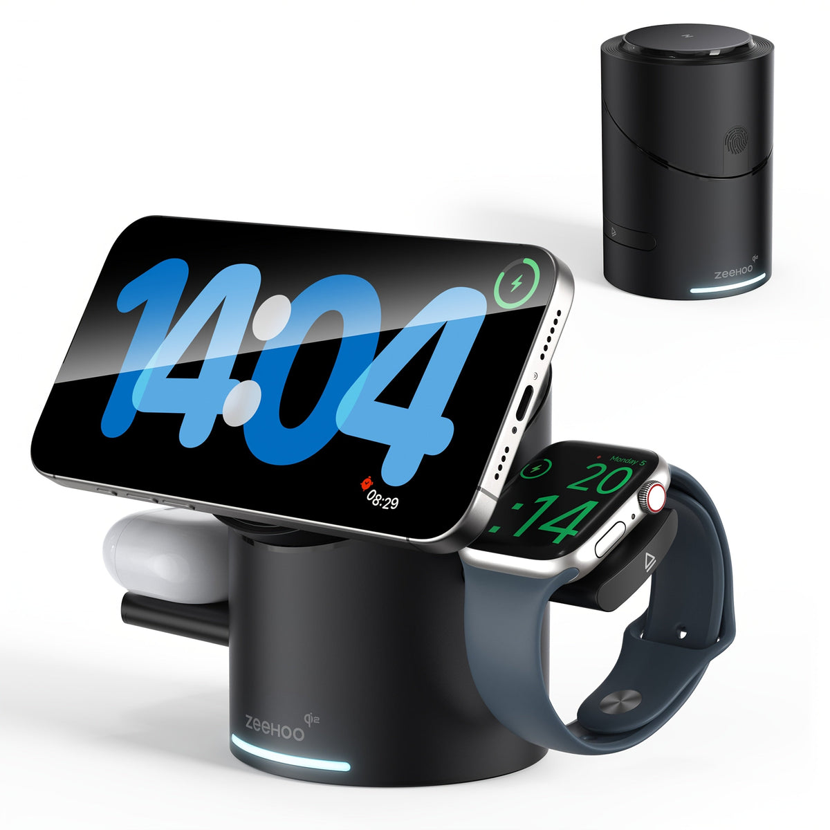 Qi2 3-in-1 Wireless Charging Station 15W ZEEHOO CylinTrick-R Cylindrical Rotating Magnetic Stand Hidden Pop-Up Charger Touch Activated for iPhone 17 16 15 14 13 12 Pro Max, Apple Watch Ultra Series 10 9 8 7 SE, AirPods 4 3 2 Pro – White Black