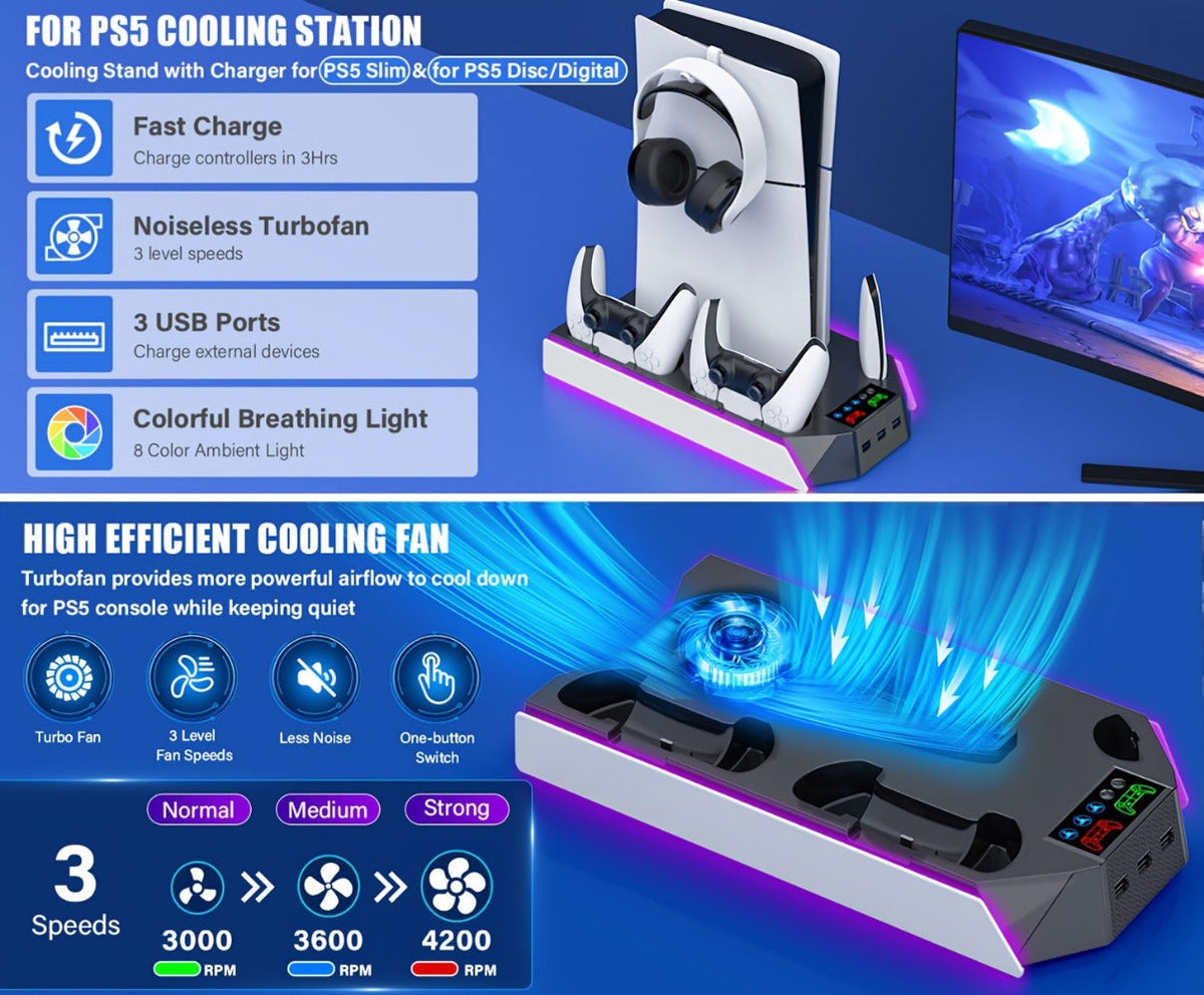 Headset Holder PS5 Cooling Stand with RGB Light, 3-Level Fan, Controller Charger & 3 USB Ports – Compatible with PS5 / PS5 Slim / PS5 Pro Disc & Digital Edition Console