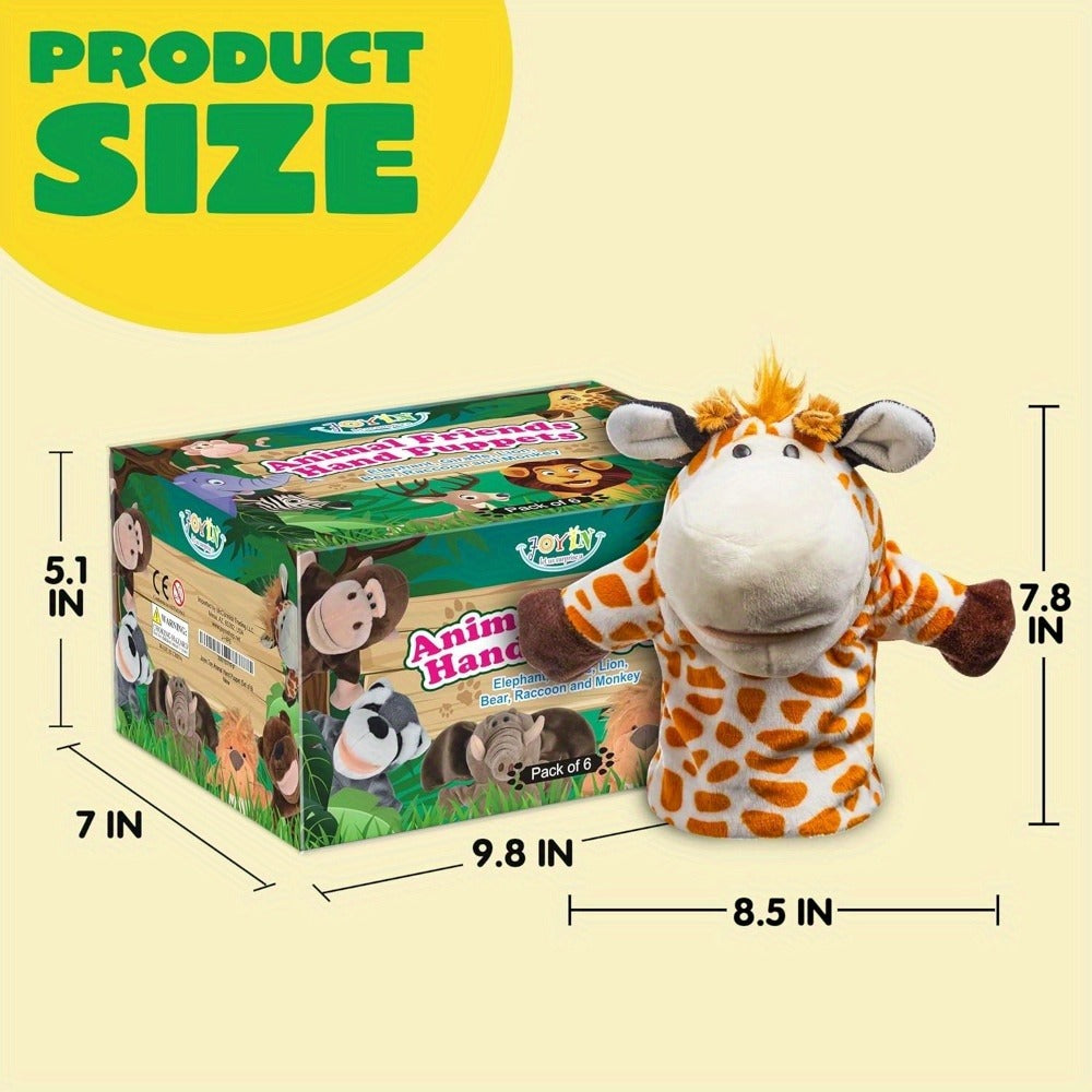 Animal Hand Puppets Set 6pcs Zoo Plush Puppets with Movable Mouths, Elephant Giraffe Lion Bear Raccoon Monkey, Storytelling Role Play Theater Toy for Kids Toddlers, Birthday Christmas Gift