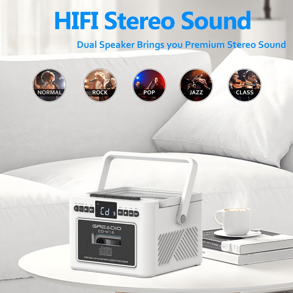 Boombox CD Cassette Player Rechargeable 5000mAh Battery 5W Dual Stereo Speakers FM Radio Tape Recording AUX SD USB 3.5mm Jack Portable Home Audio Player