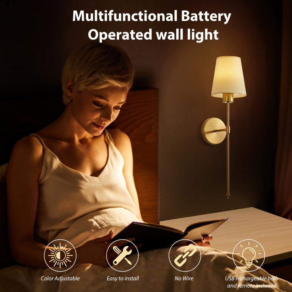 Rechargeable Wall Sconce 2-Pack RGB – 15-Color Dimmable LED Wall Light with Remote Control, 5200mAh Battery, No Wiring for Bedroom, Living Room, Kitchen & Corridor (Gold / Black)