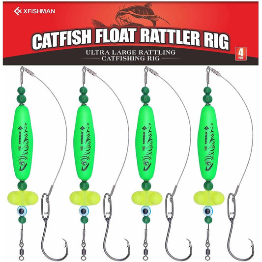 Catfish Rig, Santee Cooper-Style Rattler Float with Circle Hooks, 4-Piece Set, Green