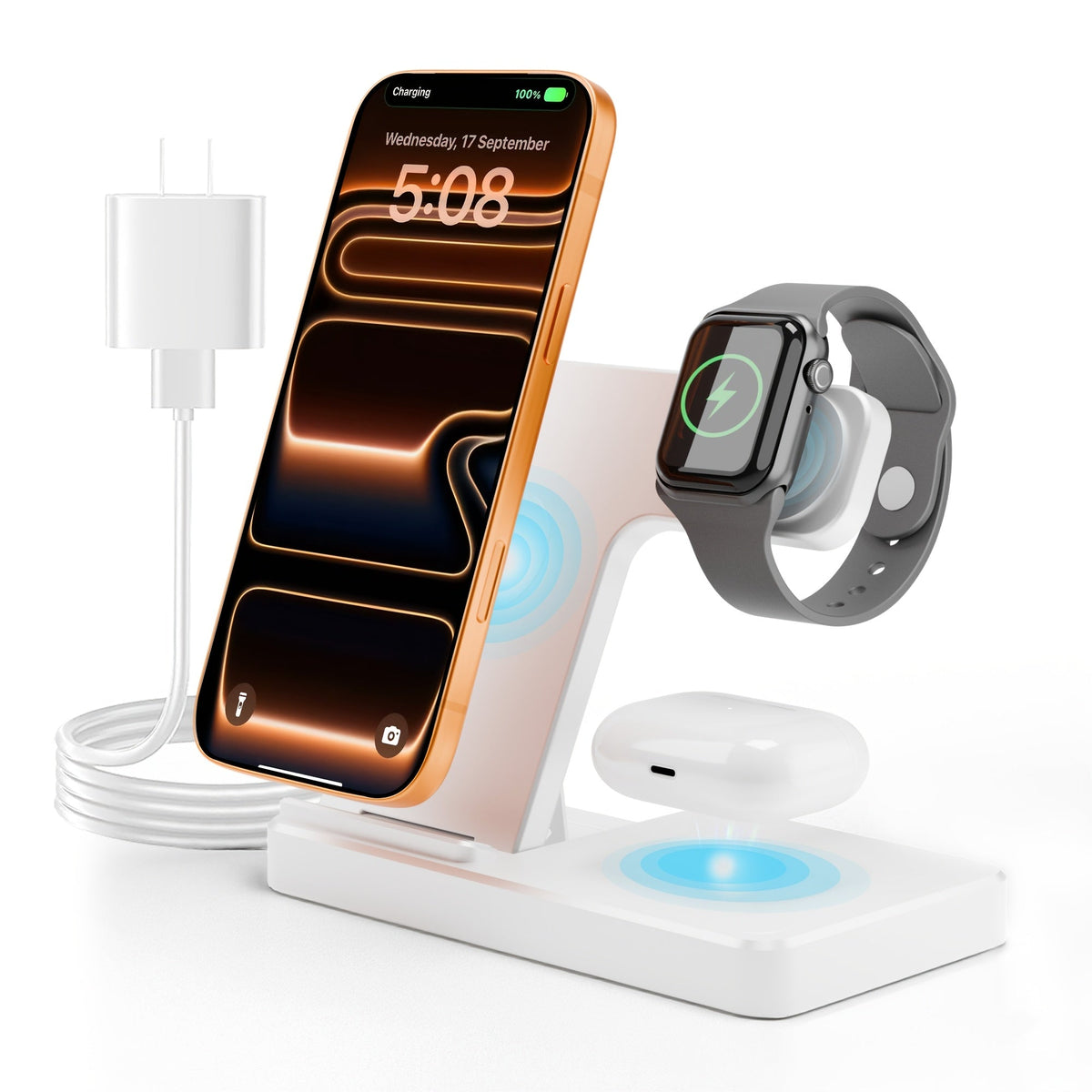 Vertical Horizontal Wireless Charging Station 3-in-1 Foldable 15W LED Indicator – Fast Charger for iPhone 17/16/15/14/13/12, Apple Watch Ultra 2/Series 10/9/8/7 & AirPods Pro 4/3/2 | Portrait Landscape Stand | Black & White
