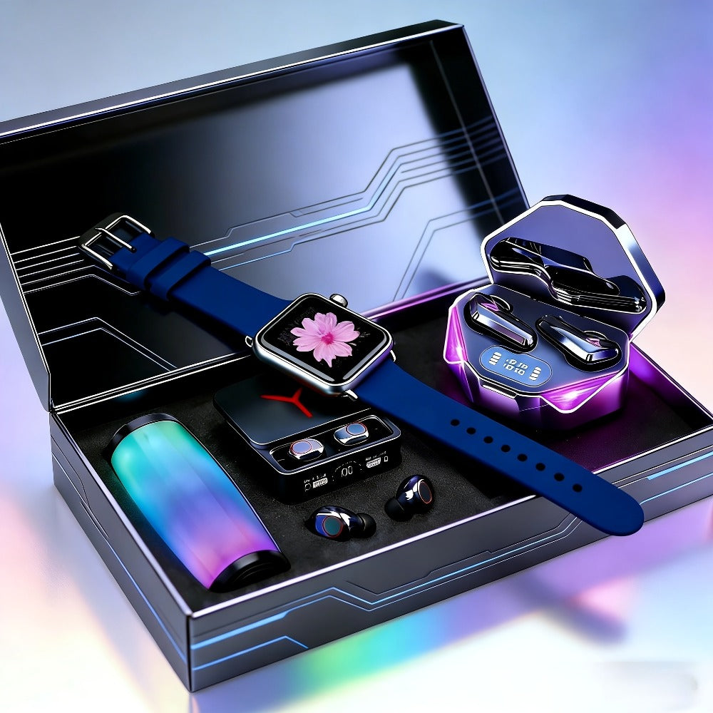 Gaming Headset Bundle Set Glowing LED Headphones Bluetooth Speaker Wireless Earbuds Surround Sound Touch Control 3-4 Piece Combo Gift Set with Free Watch for Teens Gamers