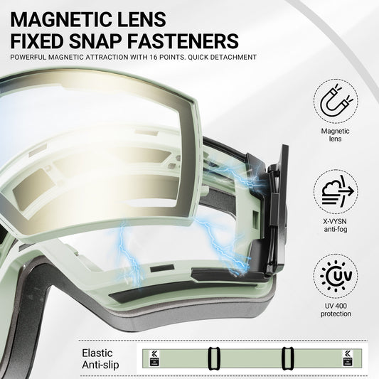 Magnetic Photochromic Ski Goggles with 16-Point Lens System, OTG Fit, Case and Bag