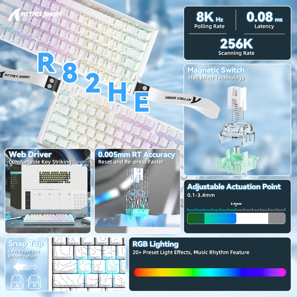 Hall Effect Mechanical Gaming Keyboard Attack Shark R82HE 80% – 0.005mm Rapid Trigger, 8000Hz Polling Rate, Hot Swap, PBT Keycaps, 5-Layer Sound Isolation, RGB, DKS, Snap Tap for PC & Mac | White & Pink