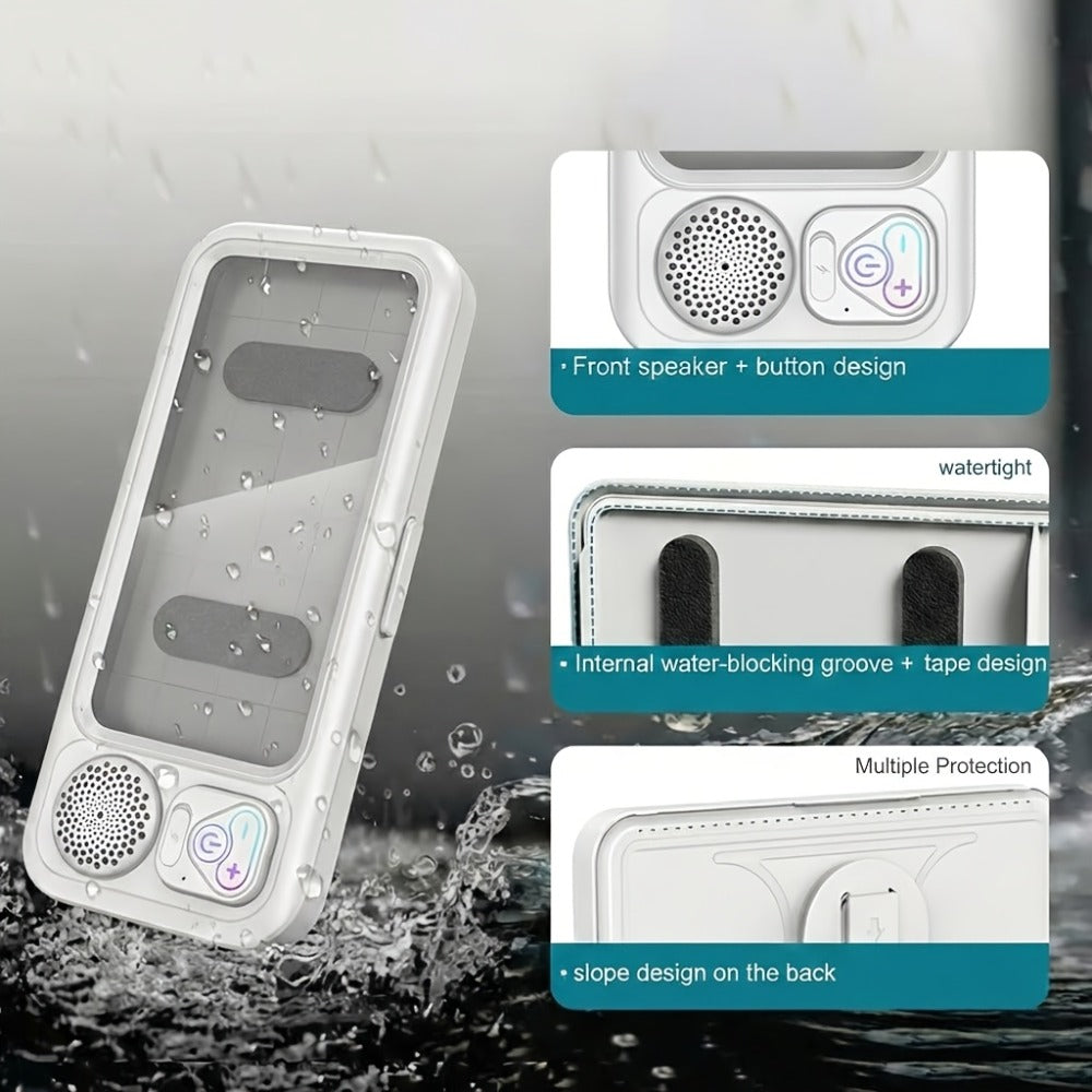 Shower Phone Holder with Bluetooth Speaker Built-In, 360-Degree Rotation Waterproof Mount, Universal Fit for All Phones, Hands-Free Music & Calls, Suction Cup Adheres to Any Surface – Bathroom Shower Caddy Accessory