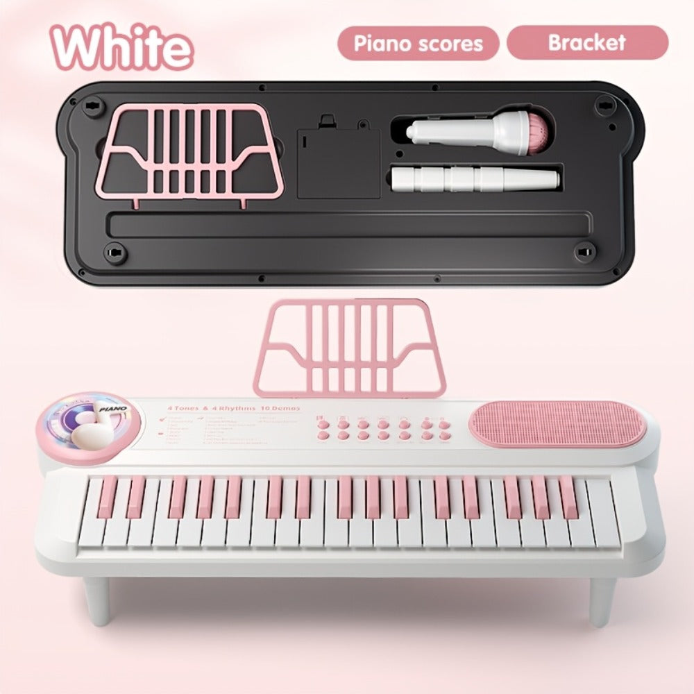 Kids Electronic Keyboard Piano Toy 37-Key White, Multi-Function Beginner Musical Instrument with Microphone, Demo Songs, Rhythms & Lights for Boys Girls Age 3+, USB or AA Battery
