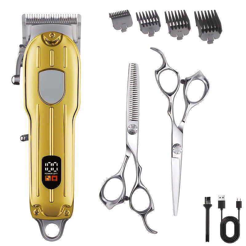 Barber Hair Clipper Kit for Men — USB Rechargeable Digital Size Adjustment, Complete Set with Scissors & 4 Limit Combs, Professional Home Barbering Grooming Set, Gift for Dad & Husband