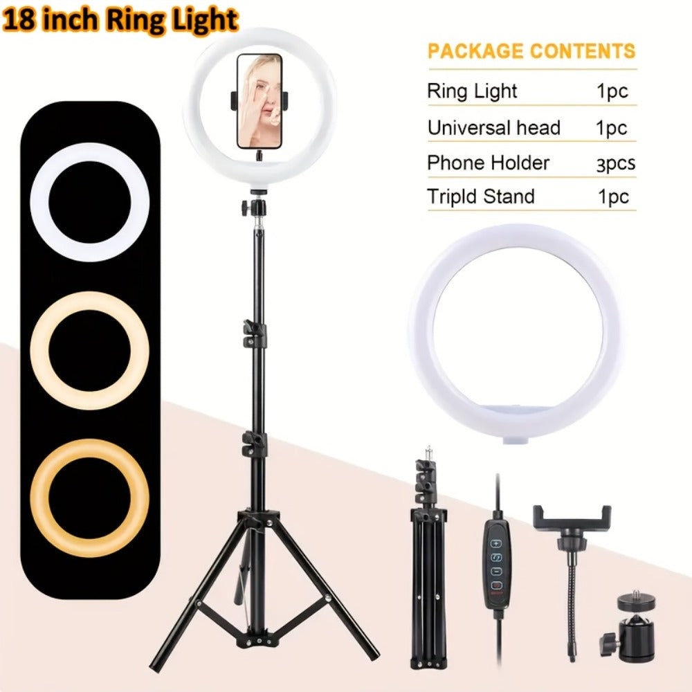 Desk Stand Ring Light 10/18 Inch LED Phone Fill Light 3 Color Temperatures Dimmable for Live Streaming Video Shooting Selfie Makeup Photography TikTok YouTube