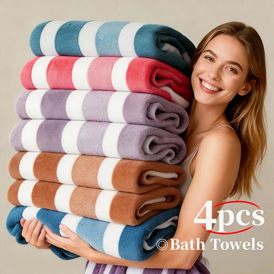 Microfiber Bath Towels with Two-Color Stripes, 27 x 55 Inches, Single or 4-Pack
