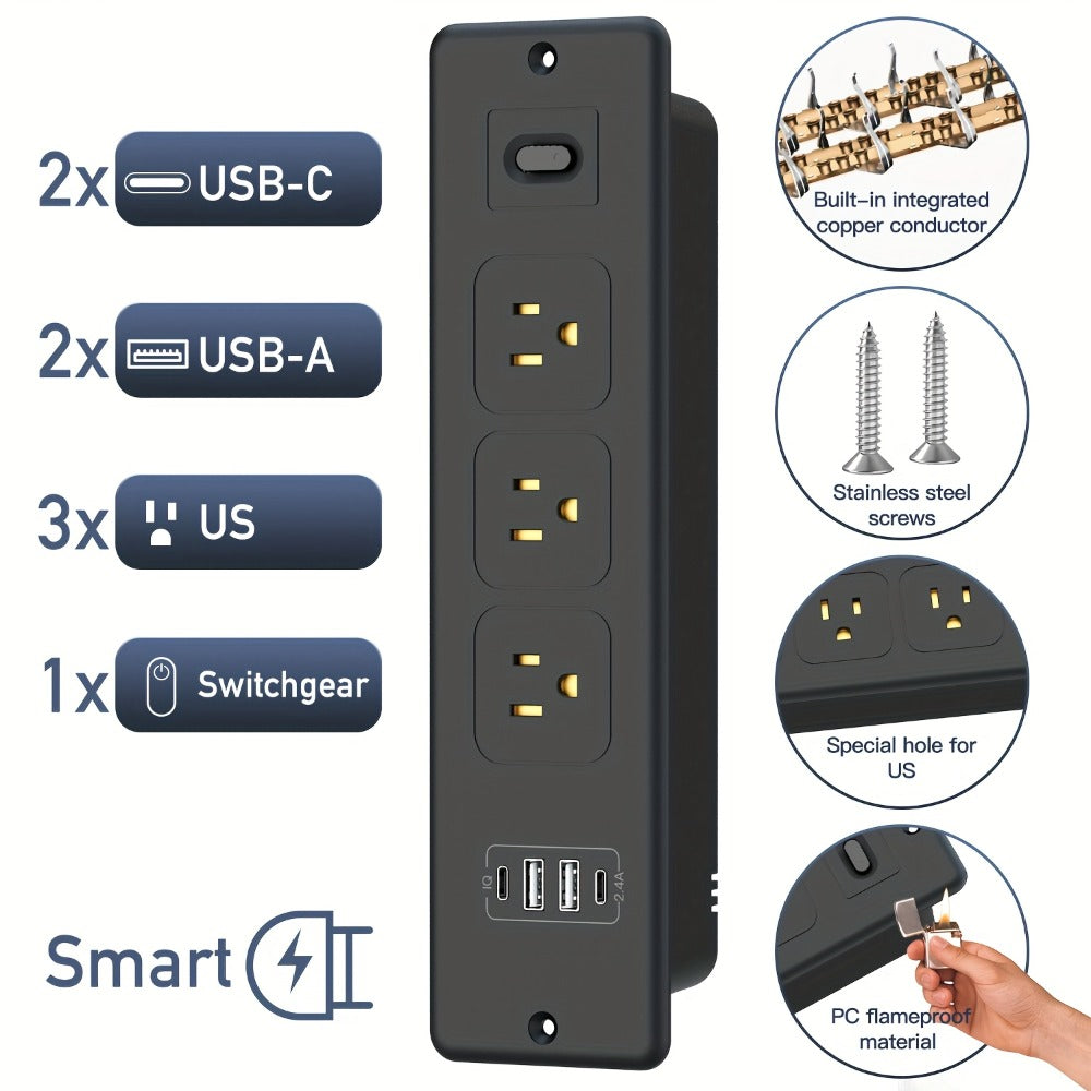Recessed Power Strip In-Desk Embedded Socket 7-in-1, 3 AC Outlets & 4 USB Ports, Slim Space-Saving Design, 6ft Extension Cord, Countertop Power Station for Home Office Hotel Conference Room – BOCHLION BKL-U58