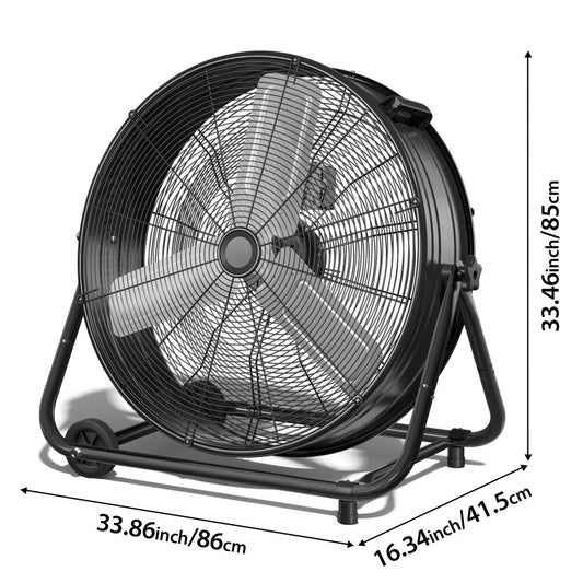 Industrial Drum Fan with 3 Speeds & 180° Tilt, 24- and 30-Inch Options