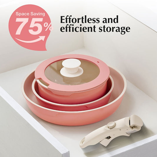 Nonstick Cookware Set with Detachable Handle, Stackable 5-Piece Aluminum Pots and Pans