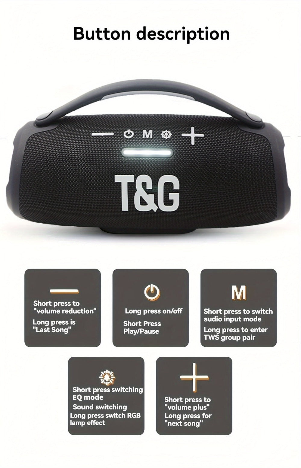 TG418 Bluetooth Wireless Speaker 3000mAh, LED Flash Lights, EQ Settings, Type-C Charging, TF Card USB AUX Compatible, Loud Portable Speaker for Mobile Phones Tablets Computers Outdoor & Home Use