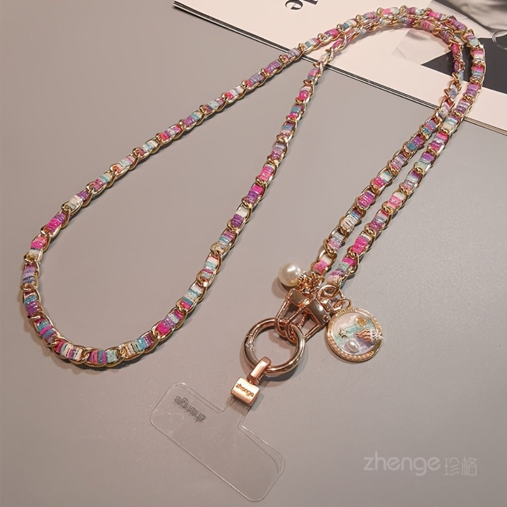 Metal Chain Phone Crossbody Strap Painted Fabric Long Lanyard Fashionable Disc Button Shoulder Phone Strap – Hands-Free for Women Daily Shopping Travel Outdoor Gift