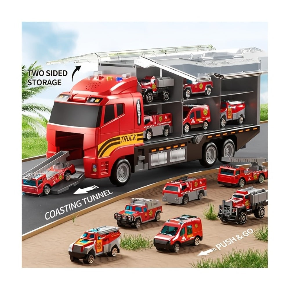 Fire Truck Toy Set with Die-Cast Metal Carrier Truck & Play Mat, Emergency Vehicle Playset