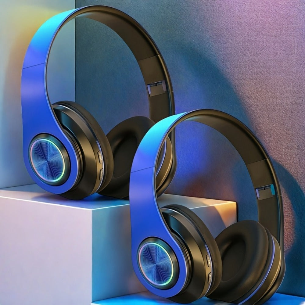 LED Light Over-Ear Wireless Headphones Deep Bass Subwoofer, Active Noise Cancelling Foldable Headset Bluetooth 5.3, Wired & Wireless Dual Mode AUX, USB Rechargeable for Gaming Music Sports