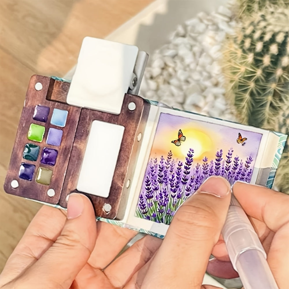 Portable Watercolor Paint Set 24 Colors with 15-Grid Palette 3 Brushes and 6 Accessories Pocket Painting Kit for Outdoor Sketching Travel Artists Kids Adults
