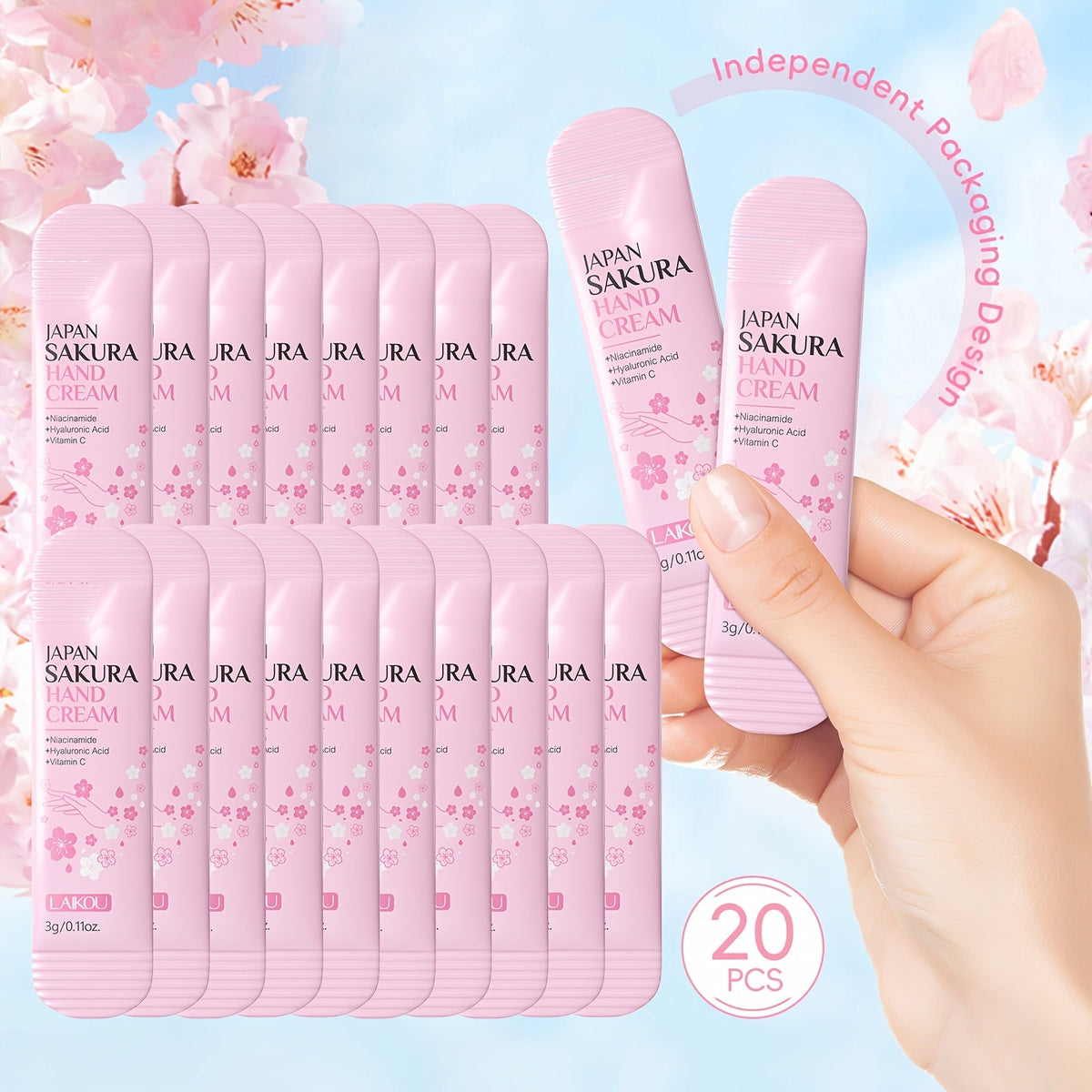 Japanese Sakura Hand Cream Set 20 Pcs LAIKOU Cherry Blossom Moisturizing Lotion with Glycerin & Vitamin C Lightweight Non-Greasy Portable Travel Size Skincare Gift for Women