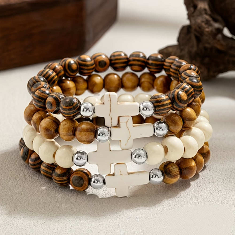 Cross Bracelets Bulk Set – Alloy Cross Pendant Woven Elastic Bracelets, 20 or 40 Pcs Assorted
