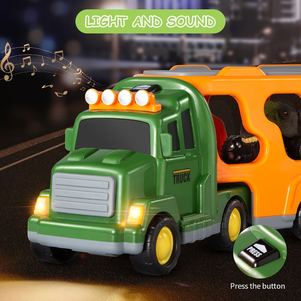Push-Action Dinosaur Truck Toy 7-in-1 – Dino Monster Truck with 3 Figures, 3 Mini Cars, Lights & Sound