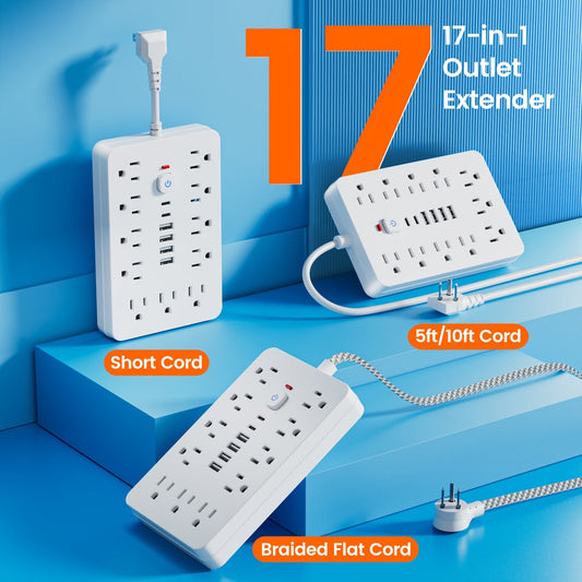 Power Strip with 11 AC Outlets, 4 USB-A and 2 USB-C Ports, Multiple Cord Options