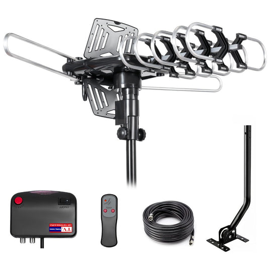 Outdoor TV Antenna 150 Mile Motorized 360° Rotation – Snap-On Install, Supports 2 TVs Simultaneously, 33FT RG6 Coax Cable, Mounting Pole Included, Wireless Remote, Free Local Channels, No Monthly Fee