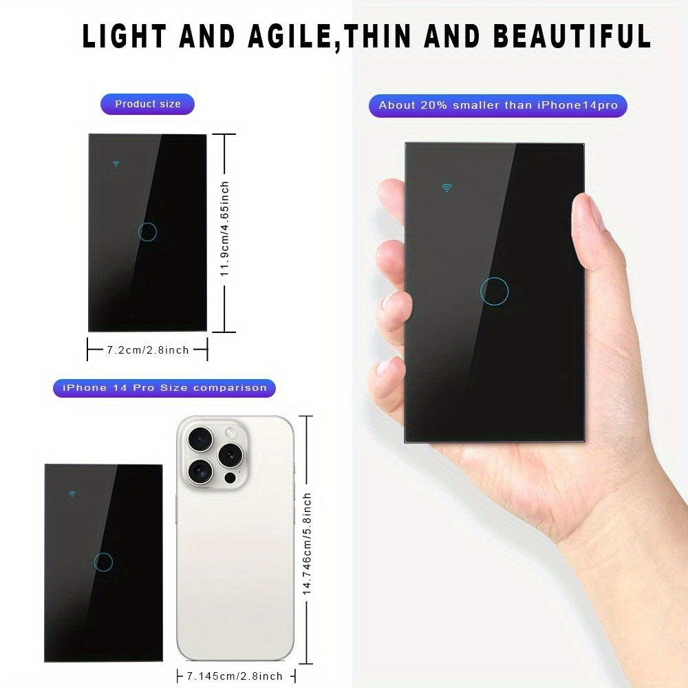 Black Tempered Glass WiFi Smart Light Switch 1/2/3/4 Gang – US Standard, Works with Alexa & Google Home, Tuya App, Smart Scenes, Timer, Voice & App Control, Neutral Wire Required, 100-240V