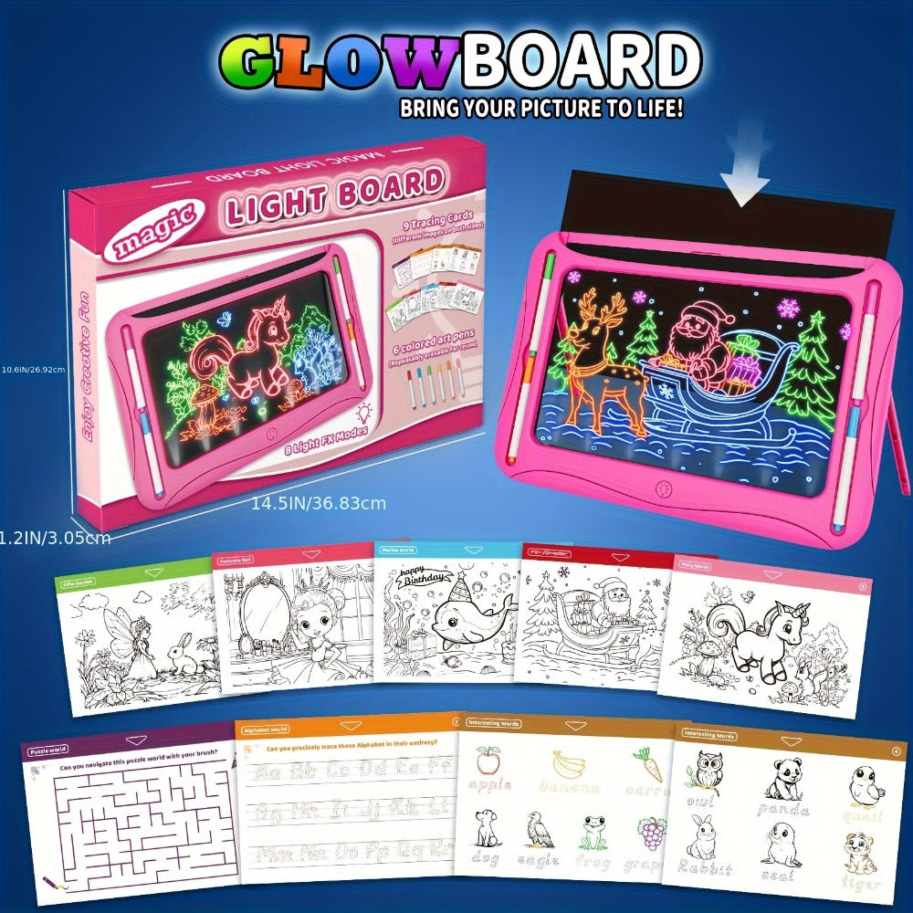 LED Light Up Drawing Board for Kids with 9 Double-Sided Tracing Cards & 6 Markers – Travel Doodle Board, 6 Colors