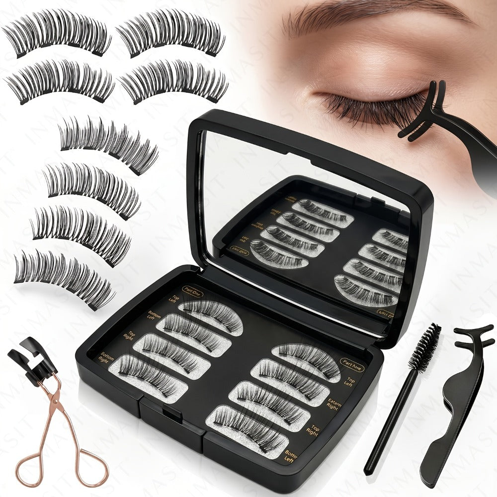 3D Quantum Magnetic Lash Clusters Kit 8Pcs — No Glue False Eyelashes with Applicator Tweezers & Brush, 2 Styles Reusable Beginner-Friendly Natural Lash Set for Daily Makeup, Parties & Valentine Gift