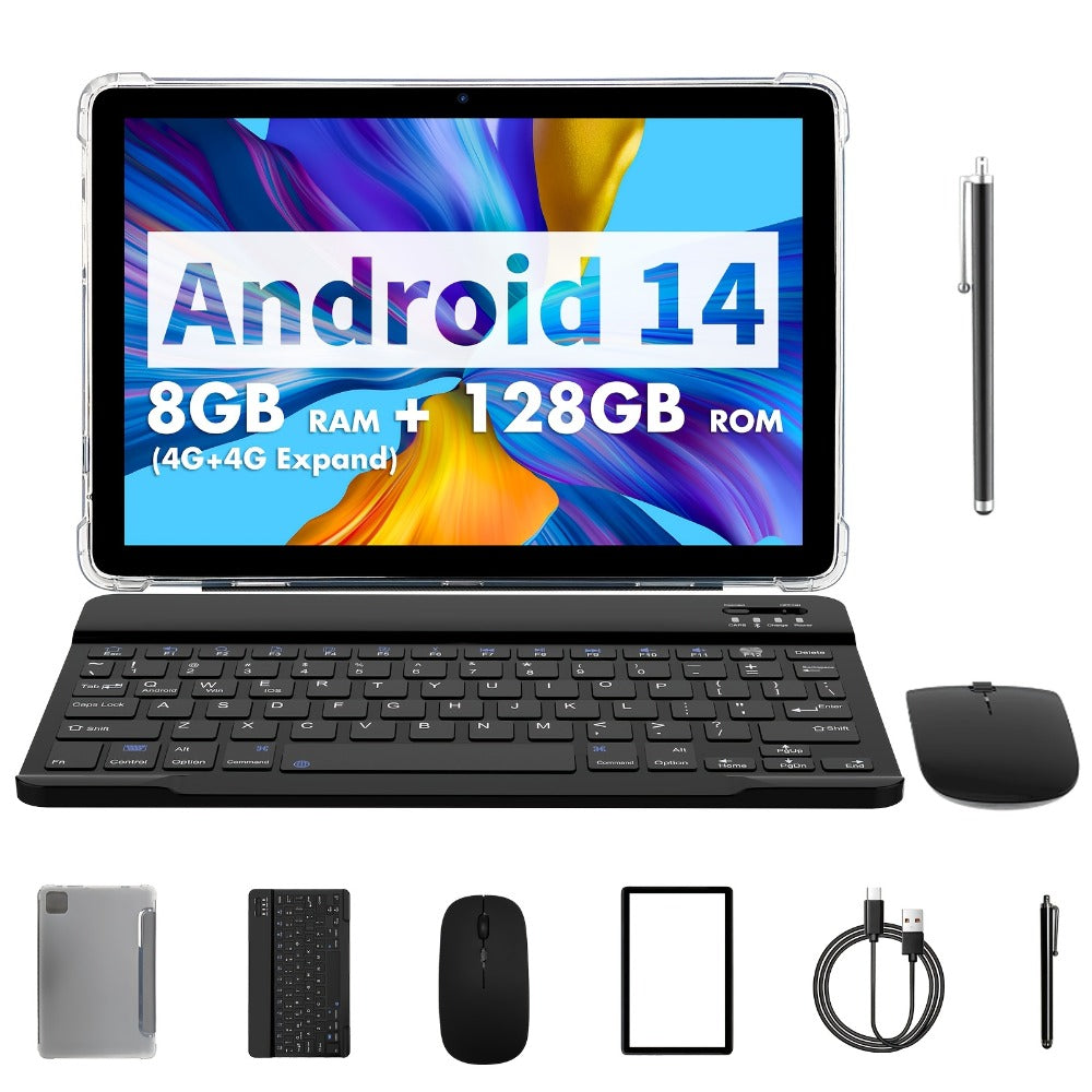 PRITOM Android 14 Tablet 10.1 Inch 8GB RAM 128GB ROM Octa-Core 8000mAh 2-in-1 Tablet with Keyboard Mouse Case Stylus Dual 8MP Camera 1TB Expandable 1280x800 IPS Display Tablet PC Black