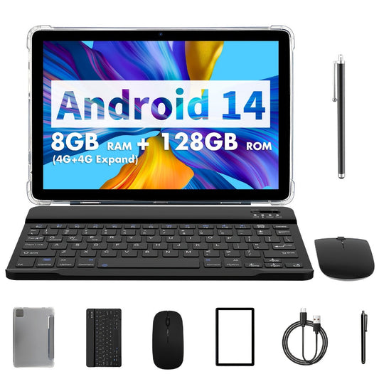 PRITOM Android 14 Tablet 10.1 Inch 8GB RAM 128GB ROM Octa-Core 8000mAh 2-in-1 Tablet with Keyboard Mouse Case Stylus Dual 8MP Camera 1TB Expandable 1280x800 IPS Display Tablet PC Black