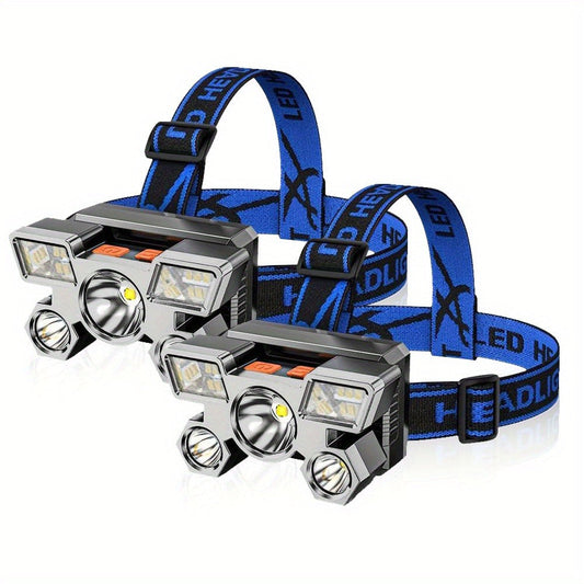 USB Rechargeable LED Headlamps, 2-Pack with 5 LEDs & Adjustable Headbands
