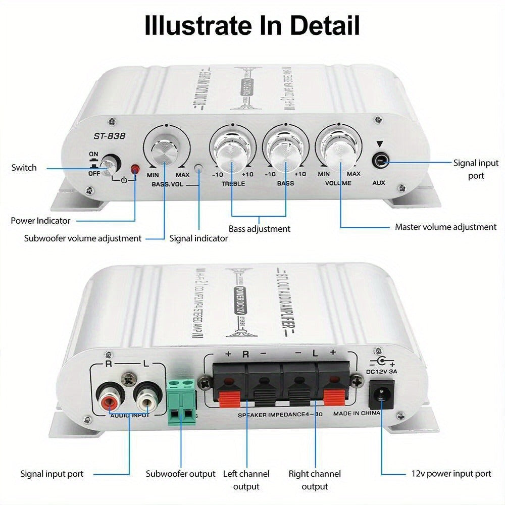 400W Car Audio Amplifier 2.1 Channel 12V Vehicle Sound System Stereo Bass Booster with Aluminum Alloy Housing, Easy Installation for Car Truck SUV Audio Upgrade — Silver