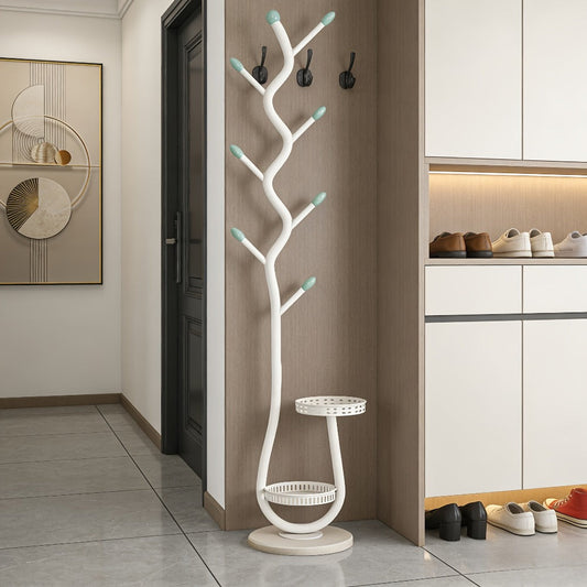 Coat Rack with Multiple Hooks and Bottom Shelf, Freestanding Metal Stand