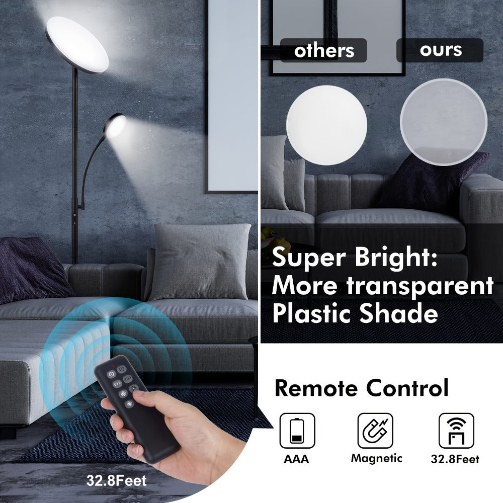 LED Floor Lamp with Reading Light – 27W 2300LM Dimmable Torchiere Standing Lamp, 4 Color Temperatures, Remote & Touch Control, Metal Base for Living Room Bedroom Home Office (Black/White)
