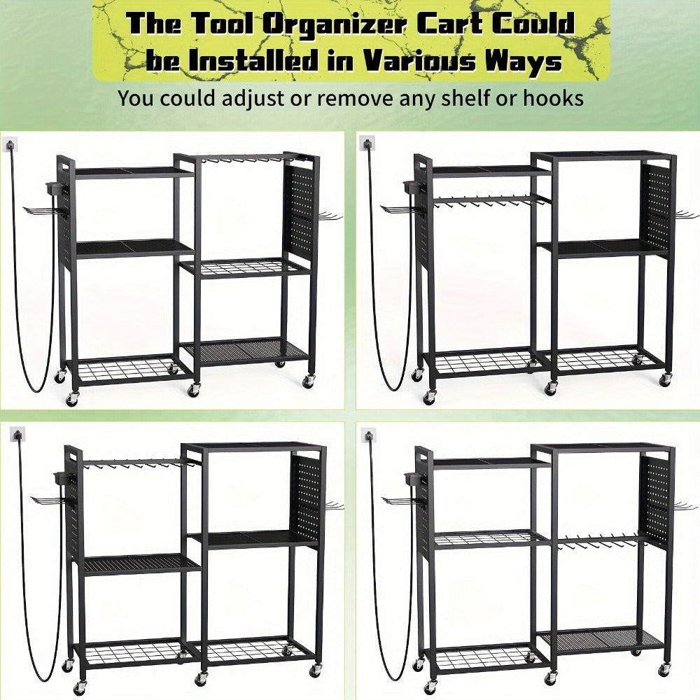 Mobile Tool Cart with Charging Station – 12 Drill Holders & 5 Storage Shelves Power Tool Organizer | Rolling Utility Rack Toolbox with Battery Charging Power Strip for Garage & Workshop | 4 Colors